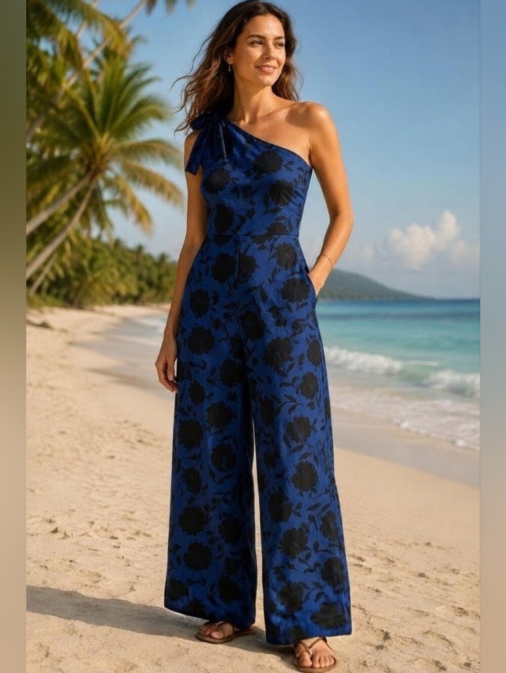 kate spade Classic Rose Linen Jumpsuit Navy and Black One-Shoulder Sz 6